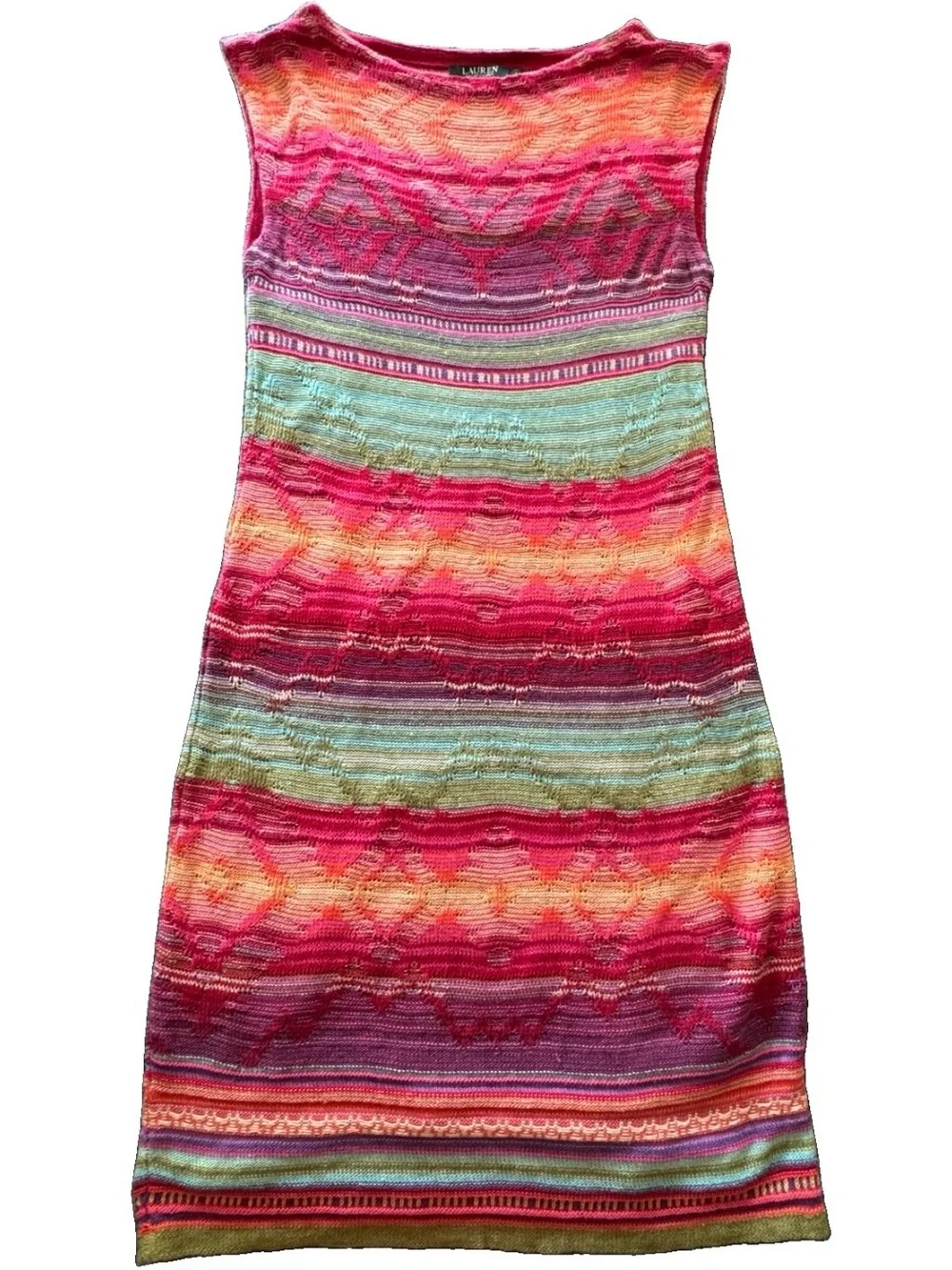 Lauren Ralph Lauren Knit Midi Dress L Funky Boho Southwestern Colorful Linen